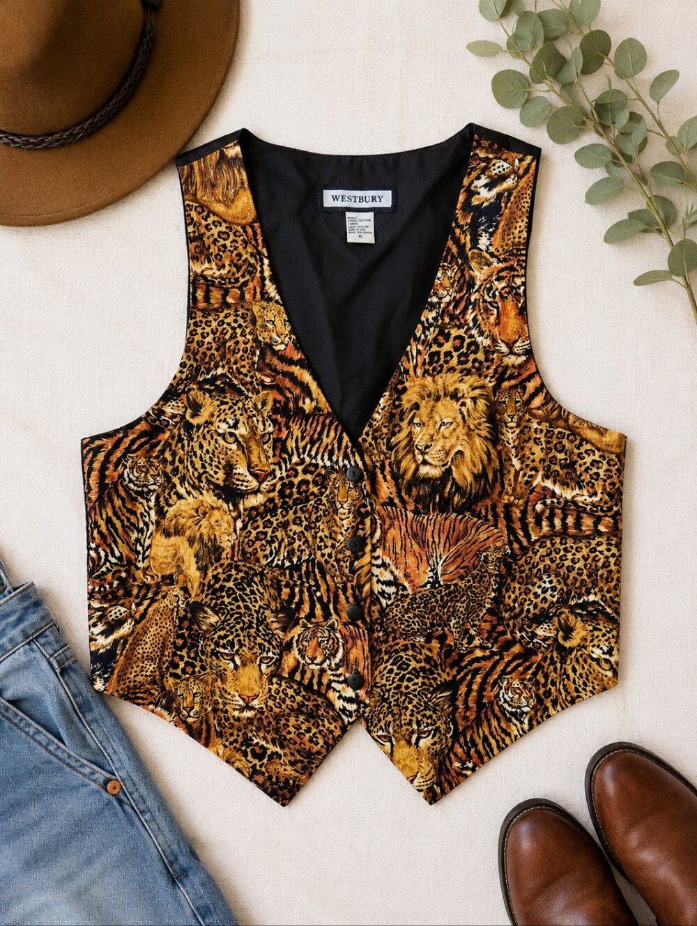 Vintage 90's Westbury Vest Lions, Tigers, Leopard Print Size XL